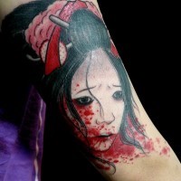 Creepy zombie sty;le bloody terrified Asian Geisha colored shoulder tattoo