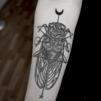 Cult style big black and white detailed insect tattoo on arm