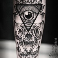 Cult style big black and white skull with Masonic pyramid tattoo on leg