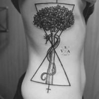 Cult style black ink side tattoo of tree with snake and geometrical figure