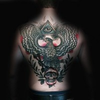 Cult style colored whole back tattoo of eagle with skull and eye in pyramid
