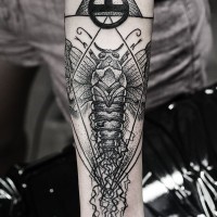 Cult style little black ink insect with mystic pyramid tattoo on arm