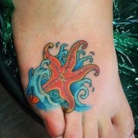 Curled orange starfish in waves tattoo for women on foot