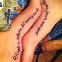Cursive friendship quote tattoos on feet