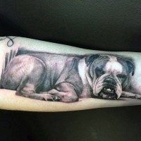 Cute 3D realistic black and white full size lying dog tattoo