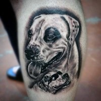 Cute 3D realistic dog with puppy in sunglasses tattoo