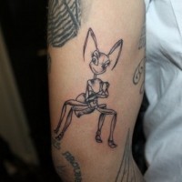 Cute animated gray-ink ant tattoo on arm