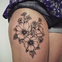 Cute big black and white realistic floral tattoo on thigh