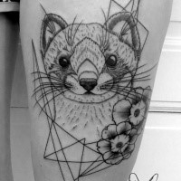 Cute black and white thigh tattoo of funny animal with flowers
