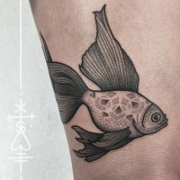 Cute black ink funny fish tattoo stylized with tribal flower