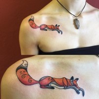 Cute cartoon like painted and colored little fox tattoo stylized with tribal ornaments