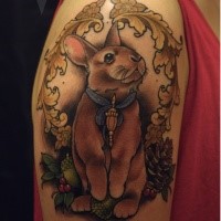 Cute cartoon style colored shoulder tattoo fo bunny with ribbon and berries