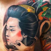 Cute colored chest tattoo of Asian geisha portrait