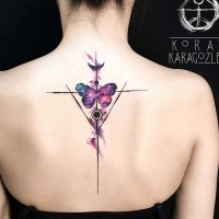 Cute colored geometrical tattoo on back stylized with butterfly