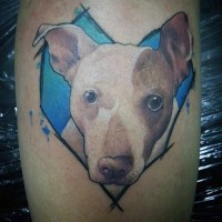 Cute colored realistic dog portrait tattoo on leg