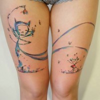 Cute coloured cat with mouse thigh tattoo for women