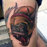 Cute fantasy style colored roaring monkey tattoo on thigh with funny helmet