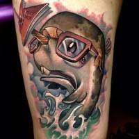 carino divertente balena Mobi Dick occhialuto tatuaggio