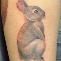 Tattoo mit süßem mädchenhaftem Hase in Grau an der Wade