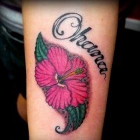 Cute hibiscus flower and name tattoo