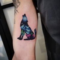 Cute illustrative style colored biceps tattoo of wolf stylized with night mountains