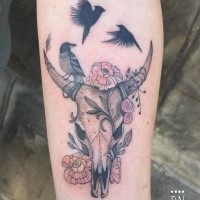 Simpatico stile illustrativo colorato tatuaggio dell'avambraccio di teschio animale con fiori e uccelli di Dino Nemec