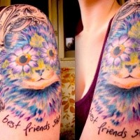 Cute illustrative style colored shoulder tattoo of funny cat combined with lettering