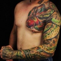 Cute illustrative style colored sleeve tattoo of evil snake with red apple