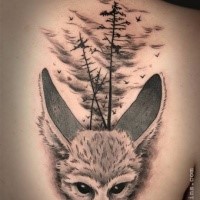 Cute illustrative style scapular tattoo of wild animal with forest