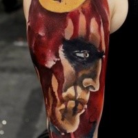 Cute illustrative style shoulder tattoo of bloody barbarian with smile