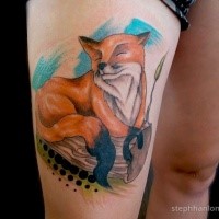 Nettes im Illustration Stil Oberschenkel Tattoo von süßem Fuchs
