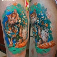 Cute illustrative style thigh tattoo of cat with butterflies