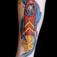 Cute little colored forearm tattoo of boy in rocket with star