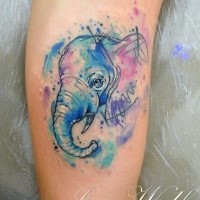 Cute little elephant's portrait colored tattoo in watercolor style by Javi Wolf