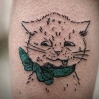 Cute little pussy cat with green ribbon bow on neck funny tattoo