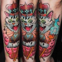 Cute looking cartoon style arm tattoo of king cat with diamonds