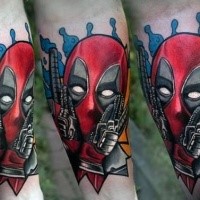 Cute looking colored forearm tattoo of scary Deadpool