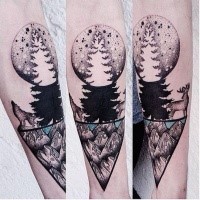 Cute looking colored forearm tattoo of big moon with tree and forest animals