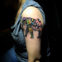Cute looking colored shoulder tattoo of big beautiful elephant