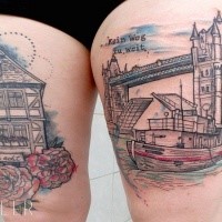 Cute looking colored thigh tattoo of London city sights