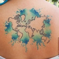 Cute looking colored world map tattoo on back stylized with lettering