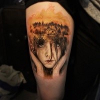 Cute looking illustrative style thigh tattoo of beautiful girl with forest house