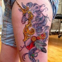 Cute looking multicolored thigh tattoo of fantasy unicorn with feather