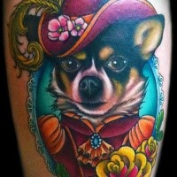 Cute looking portrait style leg tattoo of dog with hat and flowers