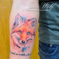 Cute looking watercolor style medium size fox face tattoo with lettering
