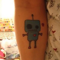 Cute lovely gray robot tattoo on arm
