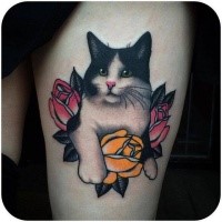 Cute New school style thigh tattoo of cat with flowers
