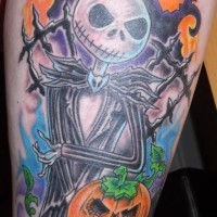 Cute old cartoon style monster on cemetery colored tattoo on leg