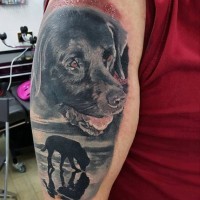 Cute painted big colored puppy tattoo on shoulder area