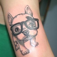 Tatuaje en el brazo, perro divertido en gafas